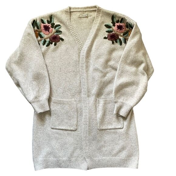 BOUNDLESS NORTH Embroidered Floral Wool Blend Tan Cardigan Size XL - Picture 2 of 9
